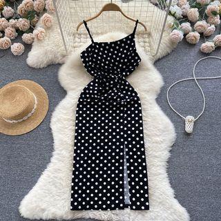 Suspender Open-back Dots Slit Dress