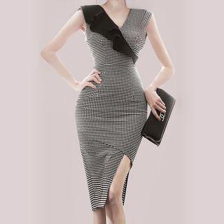Sleeveless Ruffle Trim Plaid Midi Bodycon Dress