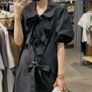 Puff-sleeve Ribbon Midi Shirtdress