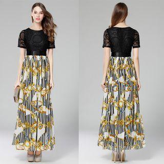 Short Sleeve Lace Panel Print Evening Gown