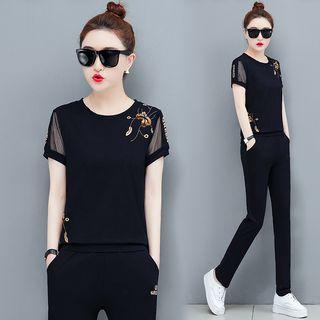 Set: Short-sleeve Embroidered T-shirt + Skinny Pants