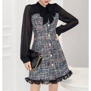 Long-sleeve Tie-neck Tweed Dress