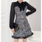 Long-sleeve Tie-neck Tweed Dress