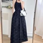 Spaghetti-strap Dotted Maxi A-line Dress Black - One Size