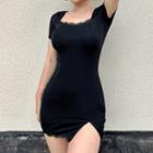Short Sleeve Lace Panel Square-neck Slit Mini Dress