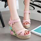 Ankle Strap Embroidered Wedge Sandals