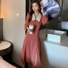 Long-sleeve Plain Open-side Dress