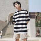 Elbow-sleeve Color-block Striped T-shirt
