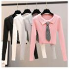 Set: Ribbed Polo Knit Top + Striped Neck Tie