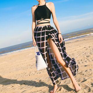 Set: Halter Bikini + Slit Check Maxi Skirt