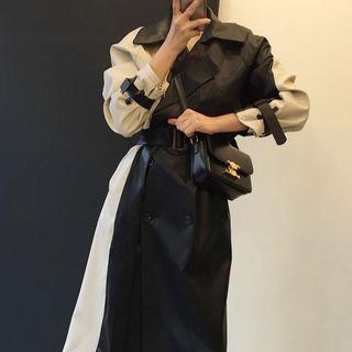 Faux-leather Two-tone Long Jacket