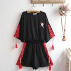 Elbow-sleeve Embroidered Tasseled T-shirt / Color Block Shorts / Set