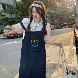 Denim Midi Overall Dress / Embroidered Shirt