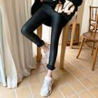 Zip-hem Fleece-lined Pleather Leggings Black - One Size