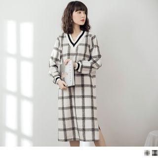V-neck Plaid Long Sleeve Dress