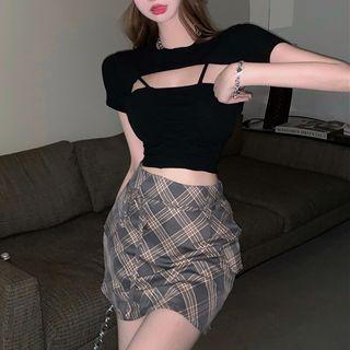 Camisole Top / Short-sleeve Cropped Top / Plaid A-line Skirt