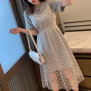 Set: Short-sleeve T-shirt Dress + Dotted Spaghetti-strap Mesh Dress