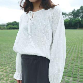 Long-sleeve Tie Neck Embroidered T-shirt