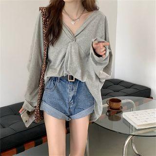 V-neck Long-sleeve T-shirt Gray - One Size