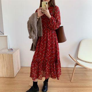 Long-sleeve Floral Print Midi Chiffon Dress Floral - Red - One Size
