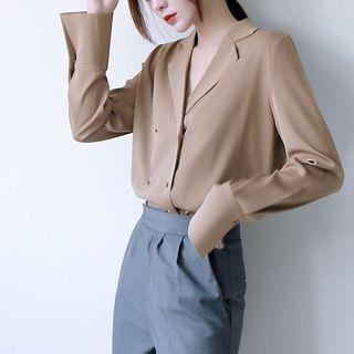 Long-sleeve V-neck Double-breasted Chiffon Shirt