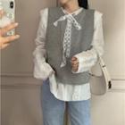 Plain Knit Vest / Long-sleeve Tie-neck Lace Top