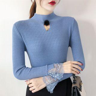 Mock-neck Ripped Plain Knit Top
