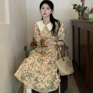 Short-sleeve Peter Pan-collar Floral Midi A-line Dress Yellow - One Size