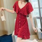 Heart Print Cap-sleeve Buttoned A-line Dress