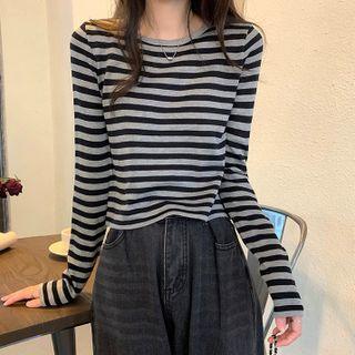 Long-sleeve Round-neck Stripe Knit T-shirt Stripe - Black & Gray - One Size