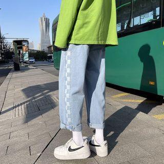 Drawstring Checkerboard Straight Leg Jeans