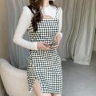 Long-sleeve Mock Two-piece Checkered Mini Sheath Dress