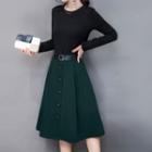 Set: Long-sleeve Plain T-shirt + Buttoned Midi A-line Skirt