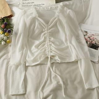 Ruffle-trim Drawstring Crop Blouse
