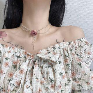 Rose Faux Crystal Pendant Layered Choker Silver - One Size