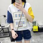 Elbow-sleeve Color Block Embroidery T-shirt