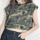 Sleeveless Camouflage Cropped T-shirt As Shown In Figure - One Size
