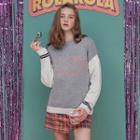 Contrast-sleeve Letter-embroidered Sweater Gray - One Size