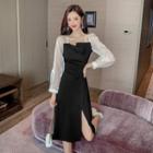 Mock Two-piece Long-sleeve A-line Slit Dress