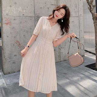 Elbow-sleeve Plain Crinkled Dress