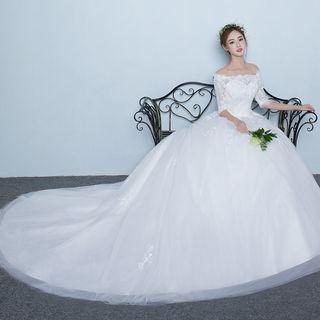 Off-shoulder Elbow-sleeve Trained Wedding Ball Gown