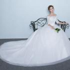 Off-shoulder Elbow-sleeve Trained Wedding Ball Gown
