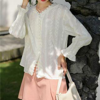 V-neck Lace Trim Embroidered Blouse Almond - One Size