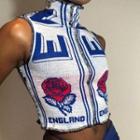 Sleeveless Floral Print Mock-neck Cropped Knit Top