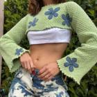 Bell-sleeve Floral Embroidered Crop Sweater
