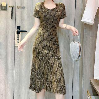Short-sleeve Glittered Midi Dress