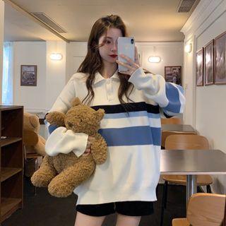 Striped Knit Polo Shirt White & Black & Blue - One Size