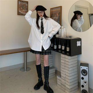 Long-sleeve Shirt / Plaid Pleated Mini A-line Skirt