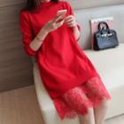 Lace Hem Knit Dress With Sash