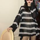 Long-sleeve Oversized Knit Top Stripe - Black & White - One Size